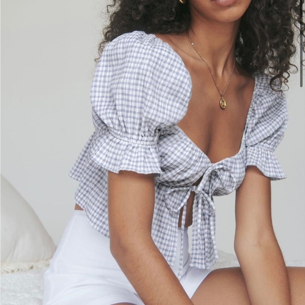Reformation Blue Gingham Tie-Front Puff Sleeve Top